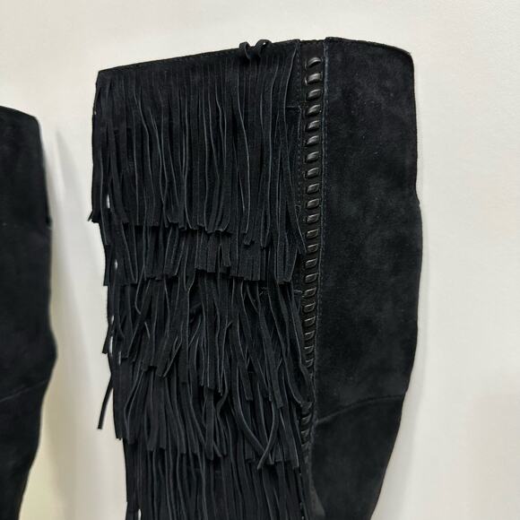 Steve Madden Maraka Over Knee Stiletto Heel Suede Fringe Boots Size 7 Black - Picture 8 of 16